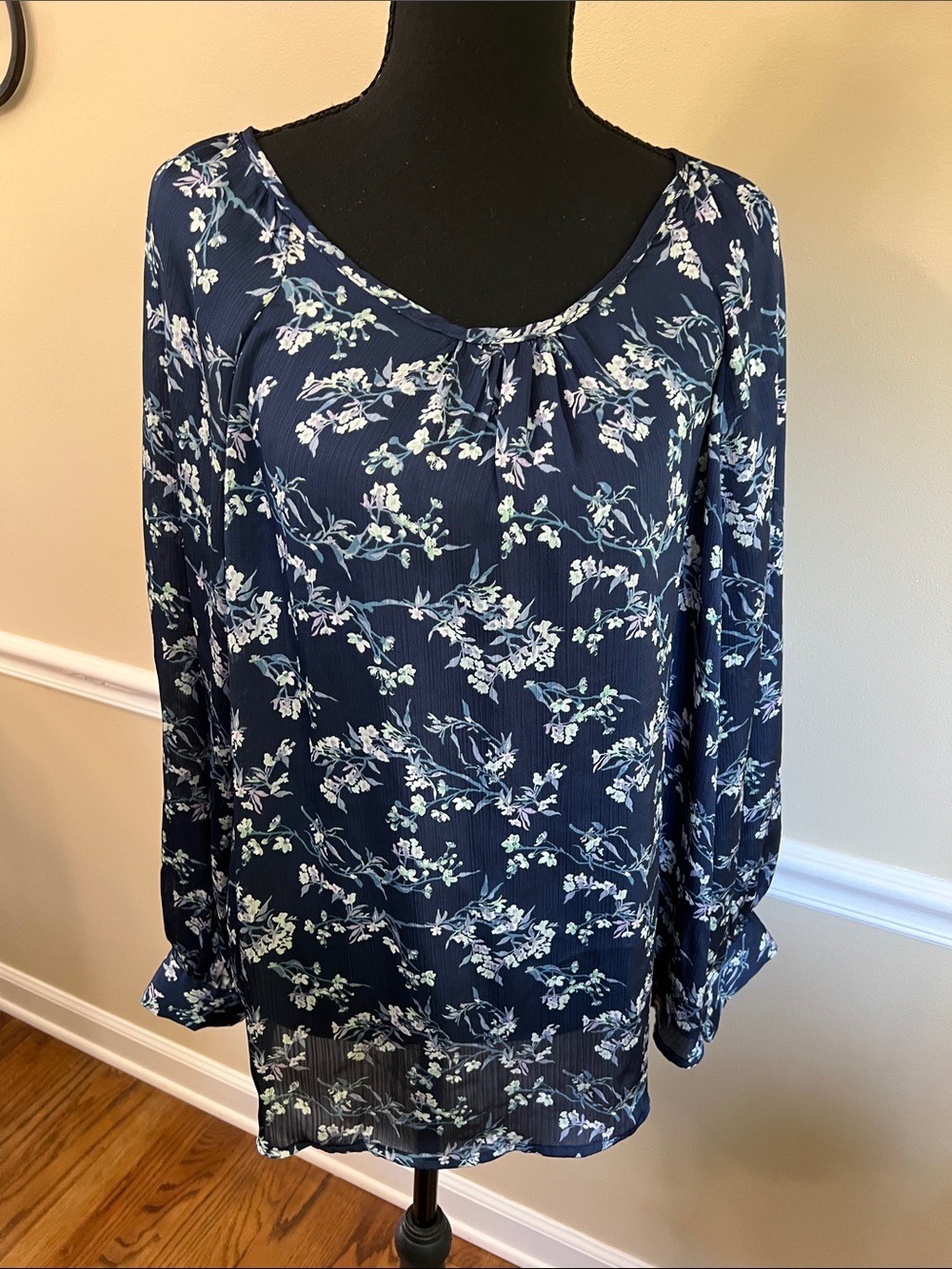 Navy Floral Long-Sleeve Women's Blouse